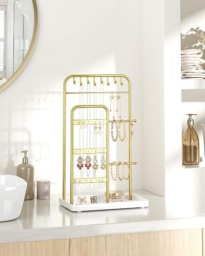 pickpiff Jewelry Holder Stand: Jewelry Display for Necklace, Bracelet, Earring, Ring, White & Gold thumbnail 5