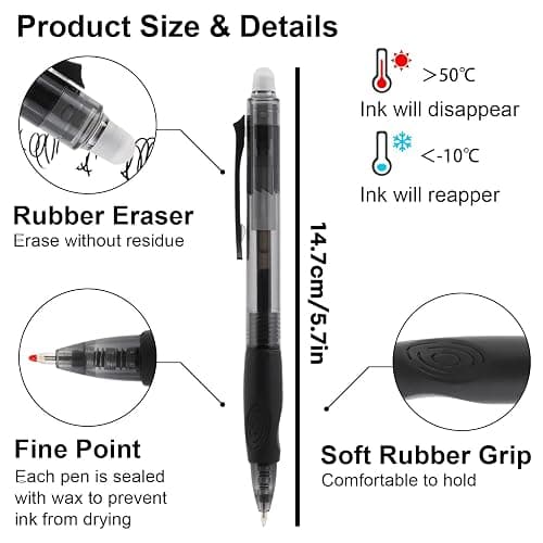 USUAL Retractable Erasable Pens 12 Colored Erasable Gel Pen 0.5mm Erasable Gel Pens Black Make Mistakes Disappear Smooth Writing Pen Office Back-to-School Supplies (Black) thumbnail 4