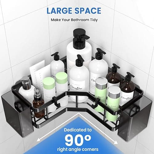 PKBD Corner Shower Caddy 3 Pack,Bathroom Storage No Drilling,shower storage with Soap Holder&Hooks&Toothpaste Holders,Bathroom or Kitchen,Rustproof Stainless Steel suction bathroom accessories,Black - Black - 3-Pack thumbnail 3