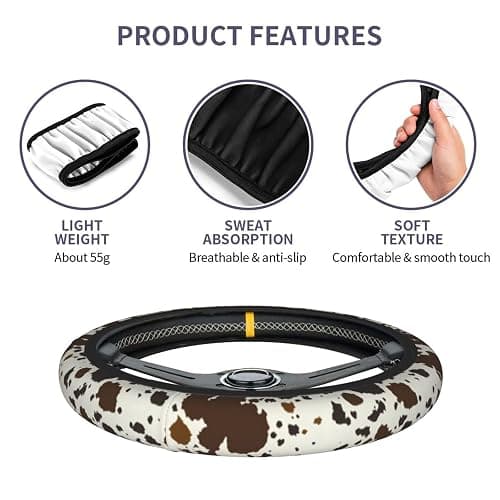 Brown Western Cow Print Steering Wheel Cover for Women Men with 2 Pcs Car Coasters, 15 Inches Neoprene Anti-Slip Cute Universal Car Accessories Protective Cover for Vehicle thumbnail 5