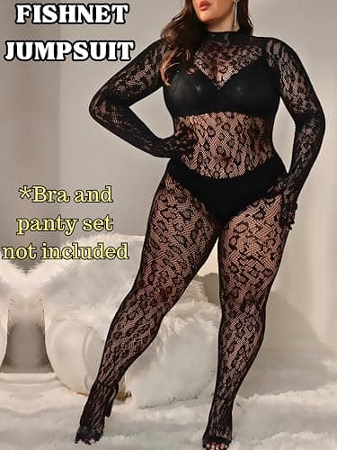 EHSUYAB Plus Size Fishnet Bodysuit For Curvy Women, Full Leopard Body Stockings Rave Outfit, Sexy Lace Jumpsuit Festival Club thumbnail 2