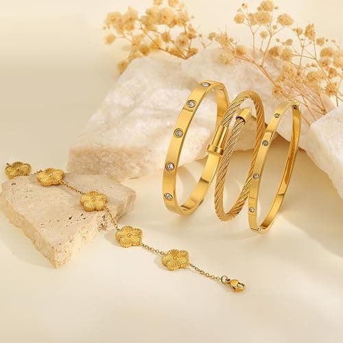 ISELBDR 18K Gold Bracelets for Women - Stackable Clover & Nail Love Bangle Set - Non-Tarnish Stainless Steel Jewelry Gift for Valentine's, Mother's Day & Christmas thumbnail 8