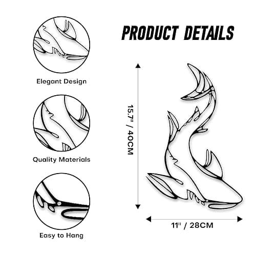 Xedatric Shark Metal Wall Decor – Striking Nautical Wall Sculpture for Bathroom, Room & Home – Durable Marine Animal Art, Rust-Resistant Coastal Decor & Unique Gift Idea thumbnail 2
