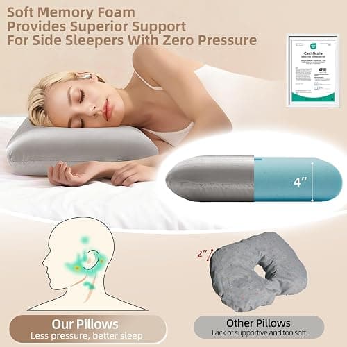 USlixury® Ear Piercing Pillow for Side Sleepers with Off-Center Hole | Large 4.7x3.2" Off-Center Hole Fits Most Necks for Ear Pain/CNH, Memory Foam, Champagne Satin Case and Foam Plug, 16x11x4" thumbnail 4