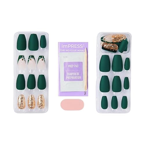 KISS imPRESS Holiday Press On Nails, ‘The Gift’, Green, Medium Coffin, Improved Super Hold Adhesive, 30 Fake Nails, Prep Pad, Mini Nail File, & Manicure Stick thumbnail 7