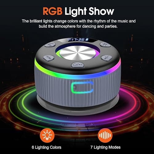 Bluetooth Shower Speaker, Portable Bluetooth 5.3 Speakers Wireless with Time Display, IP7 Waterproof Speakers with RGB Light, Suction Cup, Mini Stereo Speaker for Bathroom Party Beach Gifts, Grey thumbnail 3