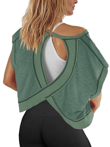 Panadila Womens Open Back Workout Top Oversized Workout T Shirts Backless Athletic Shirt Short Sleeve Baby Tee - Image 1