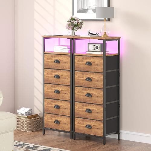 sthmec Nightstand with Charging Station,LED Night Stand with 5 Fabric Drawers, Bedside End Tables, 2-Tier Open Storage Shelf Side Table Nightstands with Drawers for Bedroom,Rustic Brown thumbnail 7