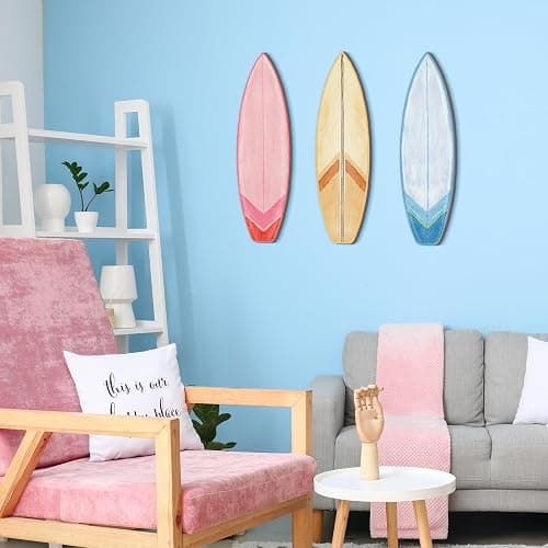RattanView 3 Pieces Surfboard Decor for Bedroom Wooden Beach Wall Decor Summer Wood Surfboard Wall Hanging Sign for Tropical Living Room Decoration(Watercolor, Yellow, Blue, Pink) thumbnail 5