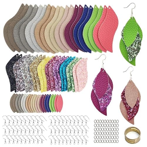 AOUXSEEM 181 Pcs Leaf Faux Leather Earrings Making Kit for Beginner, Contains 60 Pre Cut Lightweight Glitter Printed Synthetic Fabric Pieces and Hypoallergenic Hooks Jump Rings (Solid A) - Image 1