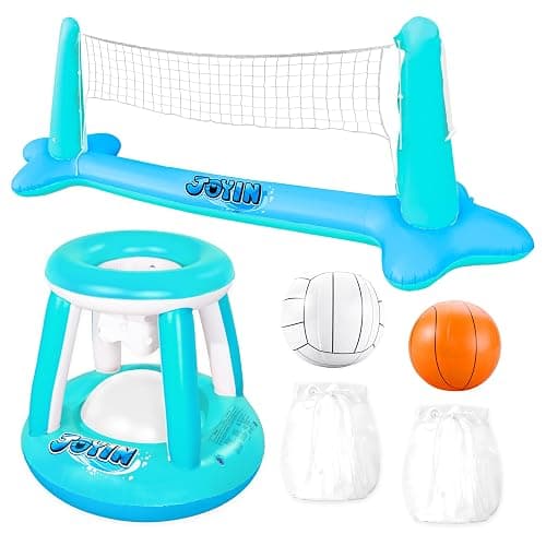 JOYIN Inflatable Pool Float Set Volleyball Net & Basketball Hoops, Floating Swimming Game Toy for Kids and Adults, Summer Floaties, Volleyball Court (105”x28”x35”)|Basketball (27”x23”x27”),L-Blue - Image 1