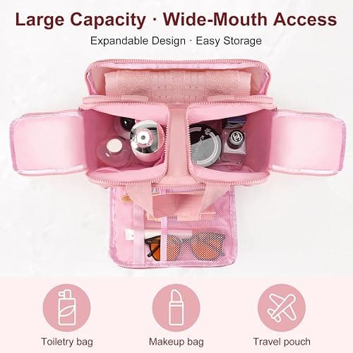 XWFB Travel Toiletry Bag Duffel - Water Resistant, Wide-open Large Lightweight Makeup Bag for Women with Handle & Wet Pocket, Puffy Organizer for Toiletries,Dark Pink thumbnail 5