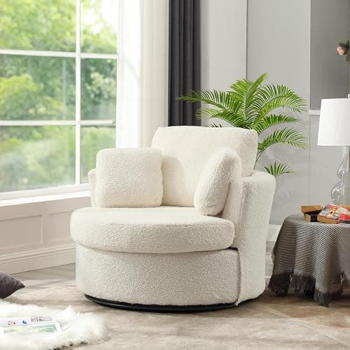 Swivel Barrel Chair, Modern Fabric Oversized 360 Degree Club Accent Arm Chairs, Single Round Living Room Sofa Chair w/ 3 Pillows for Nursery, Bedroom, Reading, Office, Ivory thumbnail 9