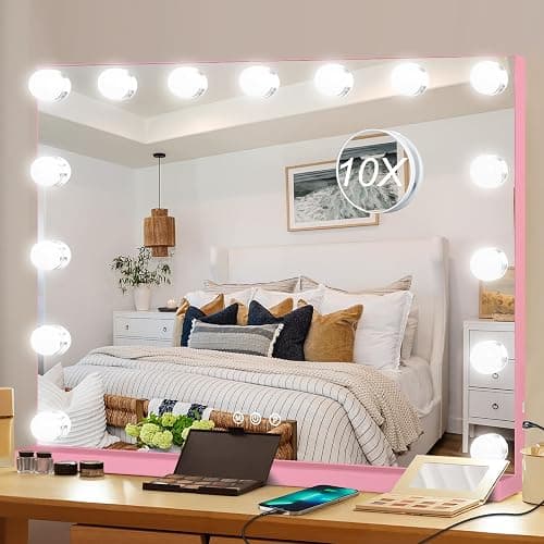 Moonee Vanity Mirror with Lights, Pink Hollywood Lighted Makeup Mirror with 15 Dimmable Bulbs and 10X Magnification, 3 Colors Modes, Aluminum Metal Frame, Light Up Mirror for Tabletop/Wall（23" x 18"） - Image 1