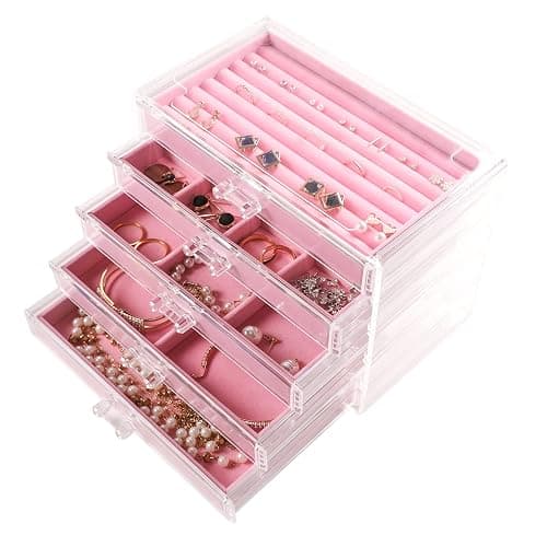 Frebeauty Extra Large Acrylic Jewelry Box for Women 5 Layers Clear Jewelry Organizer Velvet Earring Box with 5 Drawers Rings Display Case Necklaces Holder Tray for Women Girls(Pink) - Image 1
