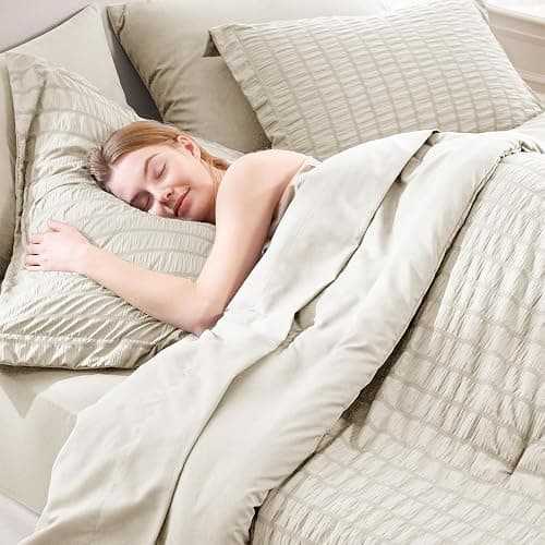 CozyLux Queen Comforter Set Oatmeal Seersucker 7 Pieces Bed in a Bag Queen Comforter Set with Sheets Luxury Soft Bedding Set with Down Alternative Comforter, Sheets, Pillowcases & Shams for All Season thumbnail 7
