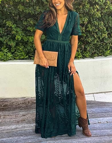 Eleter Women's Deep V-Neck Lace Romper Short Sleeve Long Dress thumbnail 6