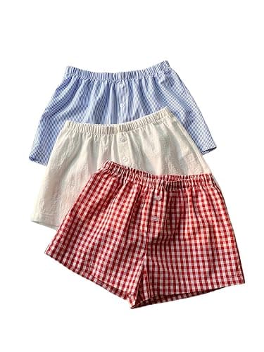 MakeMeChic Women's 3 Pack Linen Shorts Plaid Gingham Striped Summer Beach Boxer Shorts - Image 1