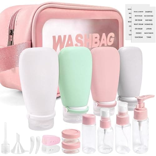 18 Pcs Travel Bottles for Toiletries Gym TSA Approved, Leak Proof with Bandage Silicone Squeezable 3oz for Toner Shampoo Conditioner Lotion Body Wash with Funnel Toothbrush Cover Tag and Wash Bag - Image 1
