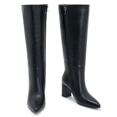 Aizhenzm Wide Calf Knee High Boots For Women Plus Size Side Zipper Leather Chunky Heel Boots Heeled Pointed Toe Tall thumbnail 6