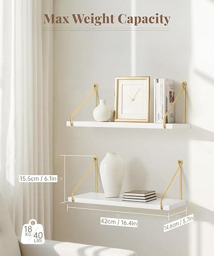 Afuly Floating Shelves for Wall, Metallic Gold White Wall Mounted Shelves, Shelves for Bathroom Kitchen Bedroom Solid Wood Metal Chic Bookshelf, Set of 2 thumbnail 2