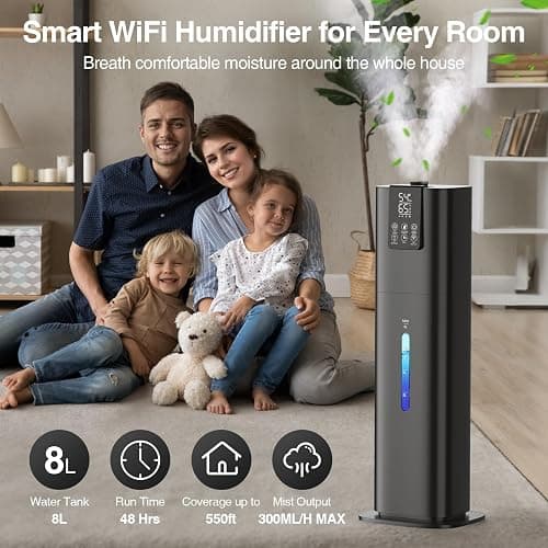 Honovos Smart Humidifiers Large Room Bedroom Home, 2.11Gal(8L) Quiet Top Fill Cool Mist Humidifier, Smart App & Remote Control, 3 Speed Humidifier with 360° Nozzle, Humidity Setting for Baby Office thumbnail 2