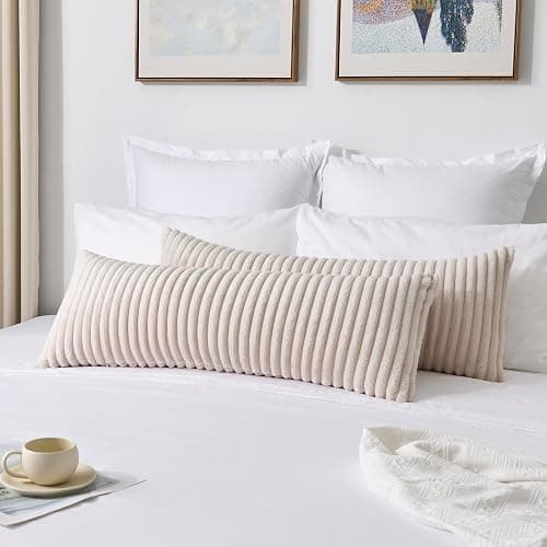 Kevin Textile Soft Plush 14x36 Inch Long Lumbar Pillow Cover 1 Pack, Luxury Fluffy Faux Fur Striped Flannel Rectangle Body Cushion Case for Couch Sofa Chair Bed Home Decor, Beige thumbnail 4