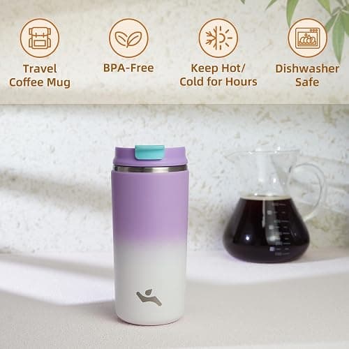 Konokyo 12oz Travel Coffee Mug with Lid, Insulated Stainless Tumbler | Purple White; BPA-free, leak-proof travel mug for hot coffee, iced coffee, office, home, camping, commute & daily use thumbnail 4