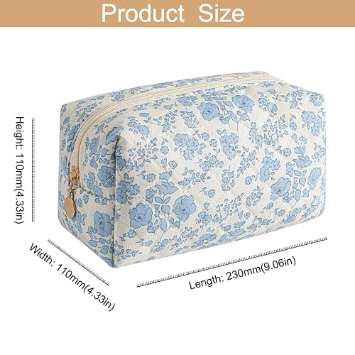 HHQQWZ Makeup Bag Travel Cosmetic Bag for Women Girls, Zipper Make Up Pouch, Floral Flowers Toiletry Organizer Makeup, Portable Storage Cosmetic Travel Cloth Bag (Blue Floral) thumbnail 3