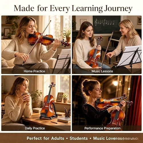 GODECOR Violin 4/4 Full Set for Beginners, Solid Spruce, Natural Matte | Fiddle with 5 Colors of Fingering Tape, Hard Case, Bow, Rosin, Tuner, Four Extra Strings, Two Bridges, Shoulder Rest thumbnail 6