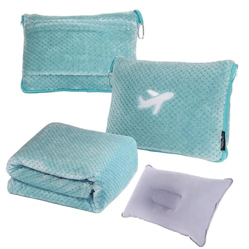 Nenolix 3 in 1 Travel Blanket Pillow Set - 350 GSM Thick Travel Blanket Airplane Compact with Bag, Soft Bag with a Pocket, Inflatable Travel Pillow for Camping & Car Trip(Mint Green) - Image 1