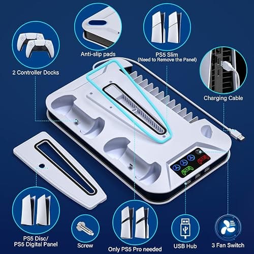 PS5/Slim/Pro Cooling Station with Controller Charging Station for Sony Console Playstation 5 Slim&Standard Disc/Digital Console, PS5 Pro Stand Cooler Accessories Incl Cooling Fan/3 USB Hubs thumbnail 7
