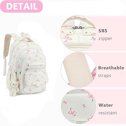 PRLINJSK Girls Backpack for College High Middle School Student, Cute Aesthetic Bookbag for Teens Women with Accessories, Beige Bow thumbnail 5