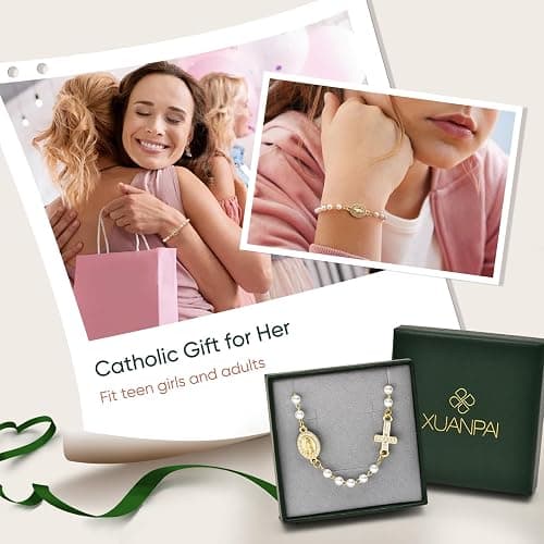 Gold Rosary Bead Cross Bracelet - 14k Gold Plated Virgin Mary Bracelets,Non Tarnish Golden Religious Rosarios Catolicos Virgen de Guadalupe Jewelry,Catholic Confirmation Baptism Gifts for Women thumbnail 6