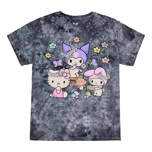 Kuromi, My Melody and Hello Kitty Puff Print Mushroom Scene Women's Black Cloud Wash Crew Neck Short Sleeve T-Shirt thumbnail 5