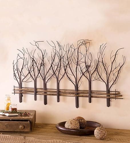 Wind & Weather Elegant Metal & Natural Vine Winter Trees Wall Art | 35" W x 22" H x 1¼"D | Leafless Metal Trees & Serpentine Vine Fence | Graphic Nature-Inspired Decor for Home - Image 1