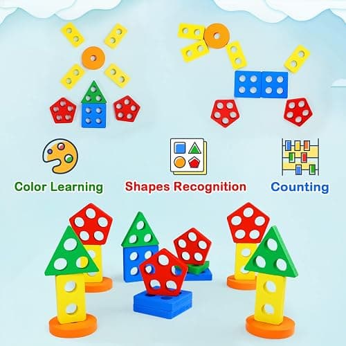 PEBIRA Montessori Toys for 1 to 3-Year-Old Boys Girls Toddlers, Wooden Sorting & Stacking Toys for Toddlers and Kids Preschool, Educational Color Recognition Shape Sorter, Learning Puzzles Gift thumbnail 7