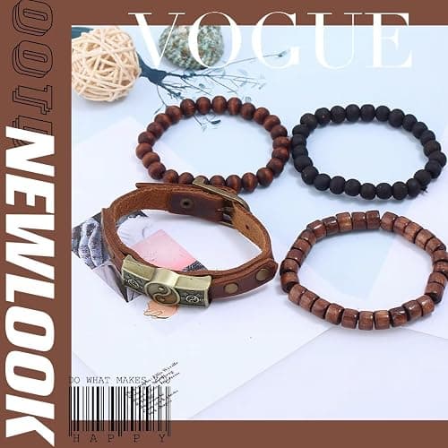GAUEIOUR Cowhide Wooden Beaded Bracelet, Bagua Tribal Bangle for Men & Women, Multi-layered Beaded Wood Bead Bracelet (4PCS) thumbnail 3
