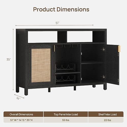 SICOTAS Rattan Coffee Bar Cabinet with Wine Racks & Metal Stemware Holders | 51" Sideboard Buffet Cabinet with Storage, Modern Liquor Cabinet Boho Credenza Buffet Table for Living Dining Room, Black Oak thumbnail 3