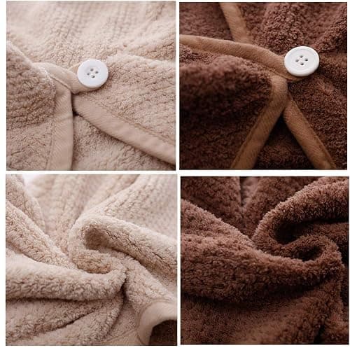 M-bestl 2 Pack Hair Drying Towels,Hair Wrap Towels,Absorbent Microfiber Hair Towel Turban with Button Design to Dry Hair More Quicker（Khaki&Coffee） thumbnail 5