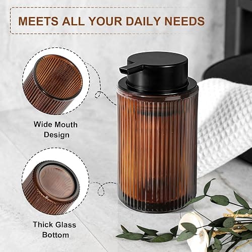 KASUNTING Foaming Soap Dispenser, Amber Glass Foam Hand Soap Dispenser for Bathroom, 11 Fl Oz Ribbed Refillable Foaming Pump Bottle with Black Pump, Modern Dish Soap Foam Dispenser thumbnail 4
