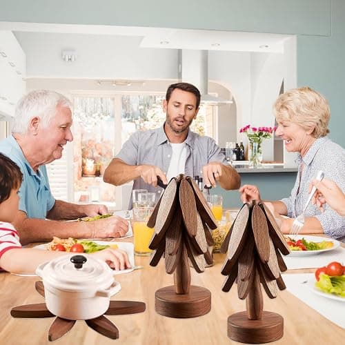 Wooden Tree Coasters, Trivets for Hot Dishes, Trivets for Hot Pots and Pans, Wooden Tree Trivet Set - 3 or 4 Wooden Trivet + 1 Stand, Christmas Coasters (Walnut,4pcs-A) thumbnail 7
