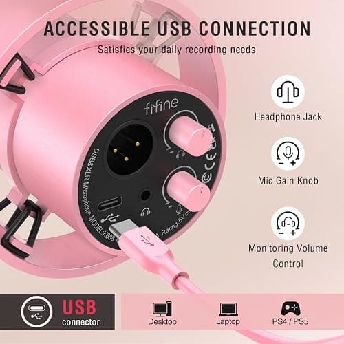 FIFINE XLR/USB Dynamic Microphone, Studio XLR Vocal Podcast Microphone for Recording, USB Streaming Mic with Mute Button, Gain Knob, Headphones Monitoring for Voice-Over, Video-Amplitank K688 Pink thumbnail 4