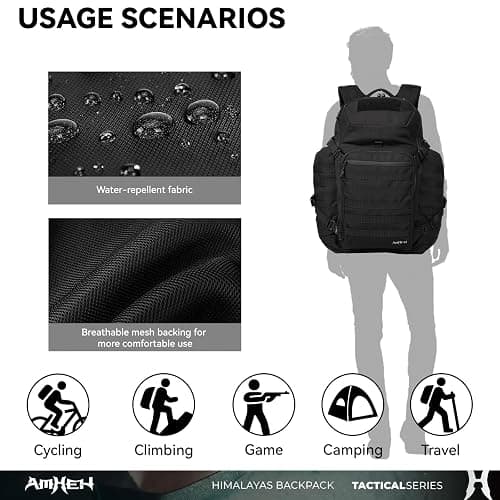 AMHEH 52L Tactical Backpack Military Molle Assault Pack - 3 Day Bugout Survival Rucksack, Hydration Compatible, Black thumbnail 6