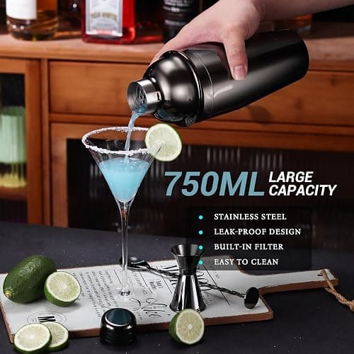 Cocktail Shaker Set Bartender Kit with Stand, 12 Piece Bar Set Drink Mixer Set with Stainless Steel Bar Accessories Tools: 25oz Martini Shaker Jigger Strainer Spoon Muddler for Cocktails (Black) thumbnail 5
