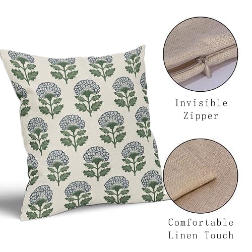 Aytipun Blue Green Floral Block Print Pillow Covers 18x18 Set of 2 Flower Pattern Cream Spring Summer Decorative Throw Pillowcases Outdoor Rustic Farmhouse Cushion Cases Decor for Home Couch Sofa Bed thumbnail 5