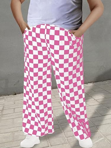 WSPLYSPJY Women's Casual Checkered Pants Elastic Waist Comfy Loose Wide Leg Pants with Pockets,XS - XXL thumbnail 5