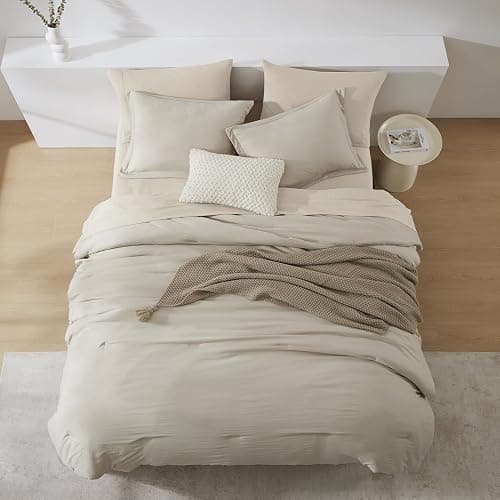 WRENSONGE Oversized Queen Comforter Set - 7 Pieces Light Oatmeal Bed in a Bag Queen with Sheets, 2 Pillow Shams, and 2 Pillowcases- Warm Bedding Sets Queen for All Season thumbnail 3