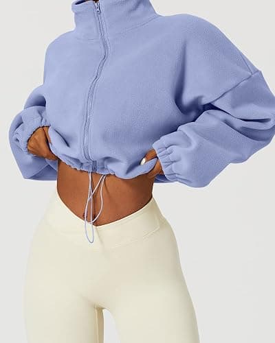 QINSEN Women's Full Zip Fleece Short Jacket Warm Winter Long Sleeve Stand Collar Sherpa Crop Coat thumbnail 3