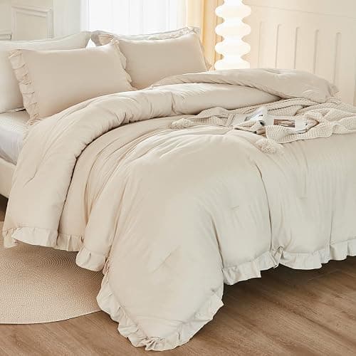Litanika Queen Comforter Set Beige, 3 Pieces Ruffle Lightweight Bedding Comforter Set, Fluffy Bed Set (90x90In Comforter, 2 Pillowcases) thumbnail 2